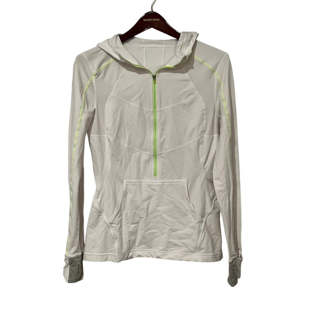 Lululemon, 1/2 zip pullover, white with lime green with hood, Size 10, KB487